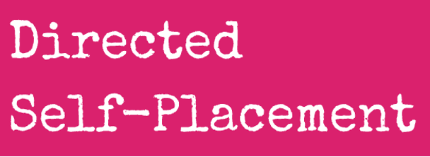 Image is "Directed Self-Placement" against a hot pink background. The font is old typewriter style. 