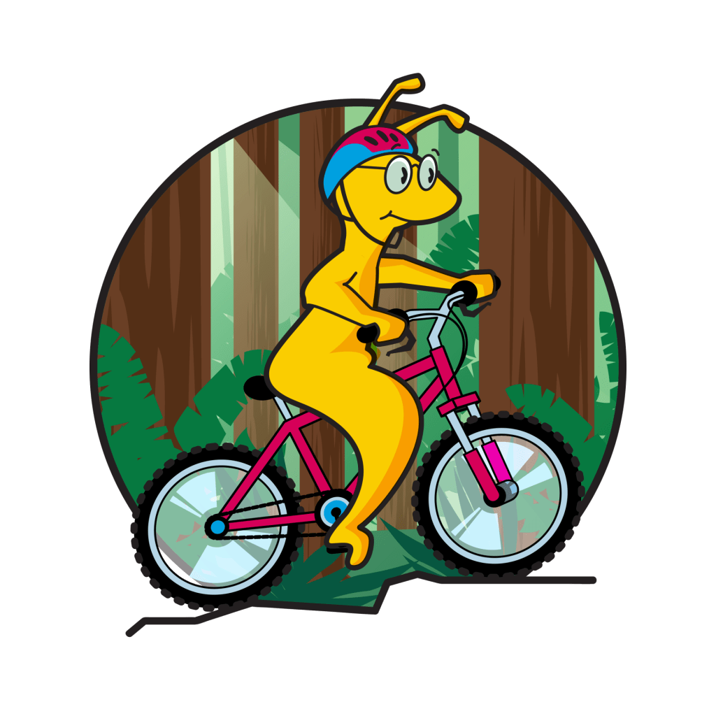 Illustration of Sammy Slug riding bicycle through redwoods