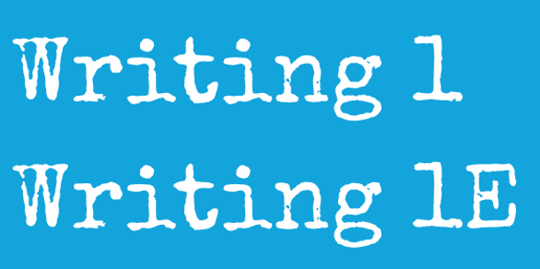 Image is "Writing 1" and "Writing 1E" against a light blue background. The font is old typewriter style. 