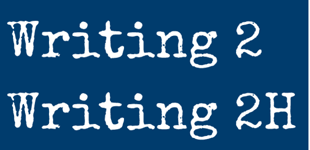 Image is "Writing 2" and "Writing 2H" against a blue background. The font is old typewriter style. 